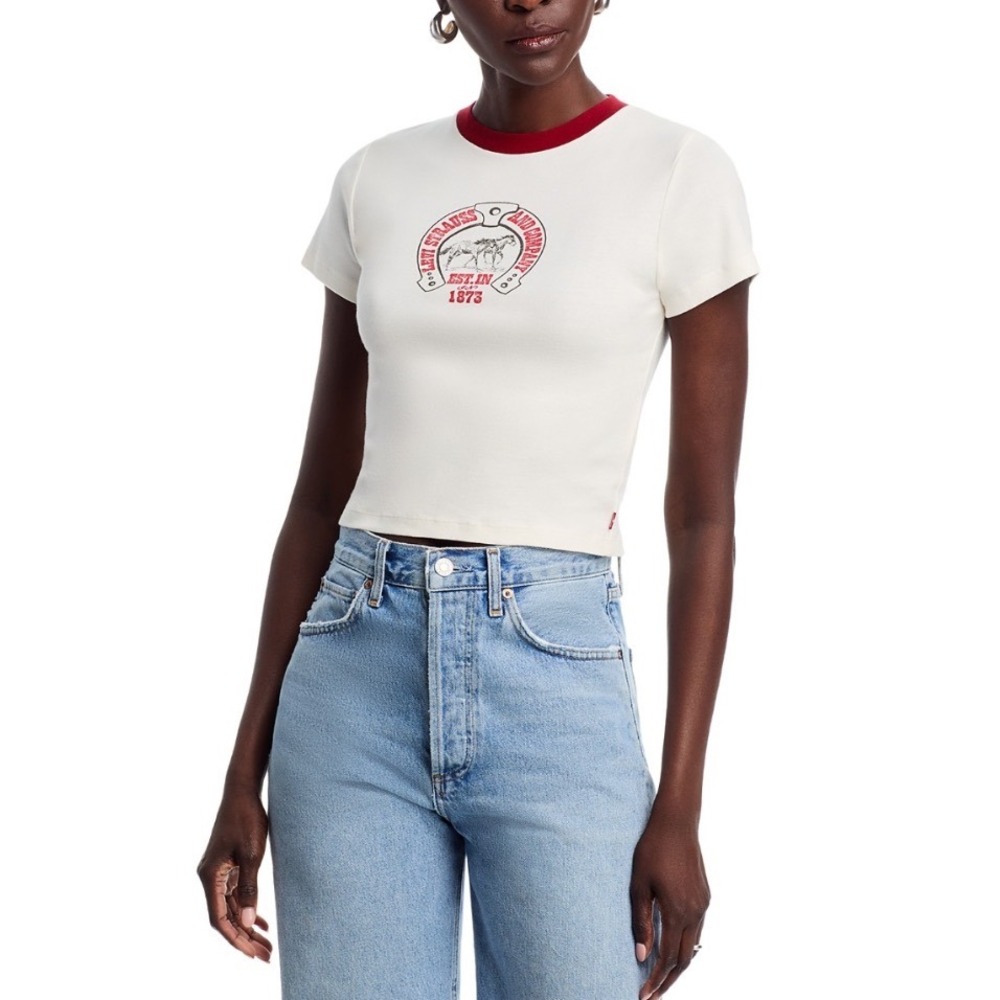 Levis Essential Sporty Tee Horseshoe Graphic Ringer T-Shirt White Red XS NEW